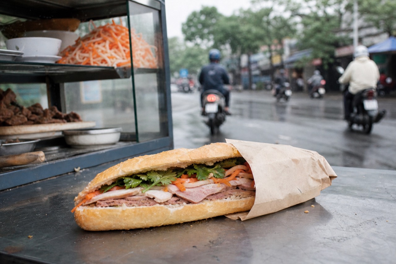 Crusty Hanoi banh mi cut open to show pate, grilled meat, pickled vegetables and herbs