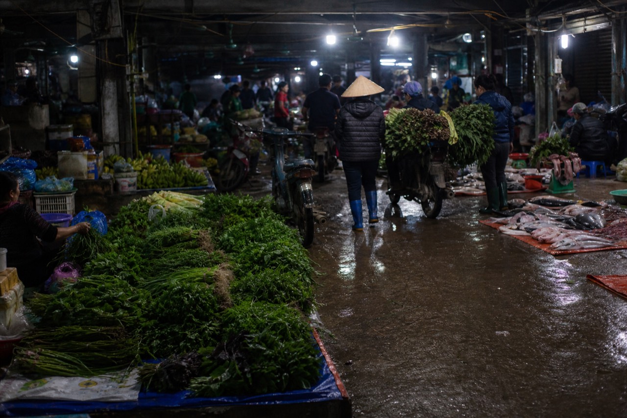 Porters moving loaded carts of produce through Long Bien wholesale market in Hanoi before dawn