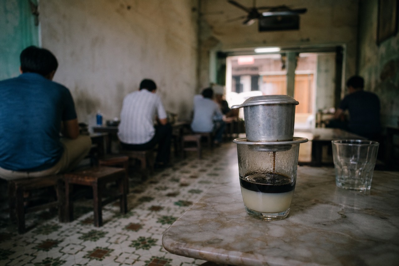Metal phin filter dripping dark robusta coffee into a glass of condensed milk at a Hanoi cafe